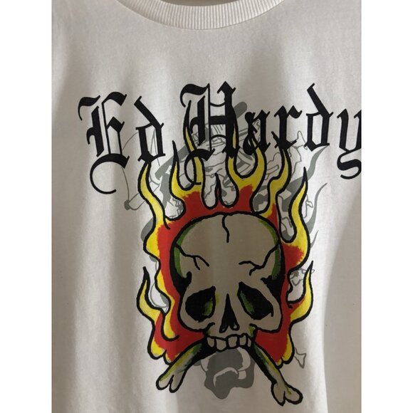 Ed Hardy Flame Skull Cropped Baby T-Shirt White Size Large 90s Sexy Tattoo - Picture 3 of 11